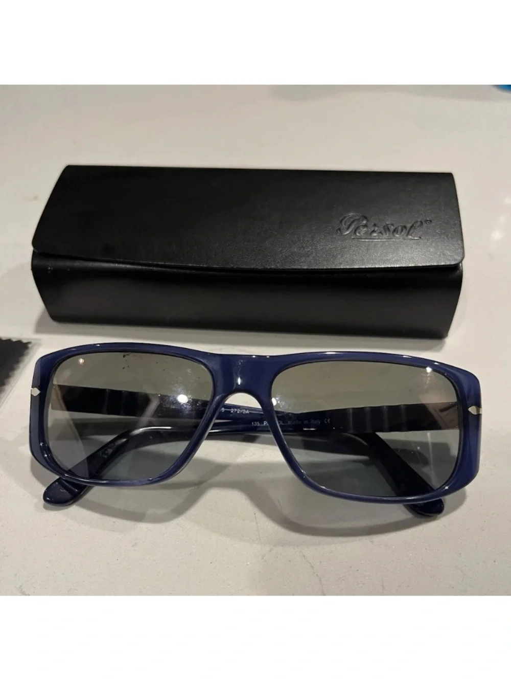 PERSOL SUNGLASSES NWOT Blue Frame Gray Glass Lenses Never Worn 56-15-135